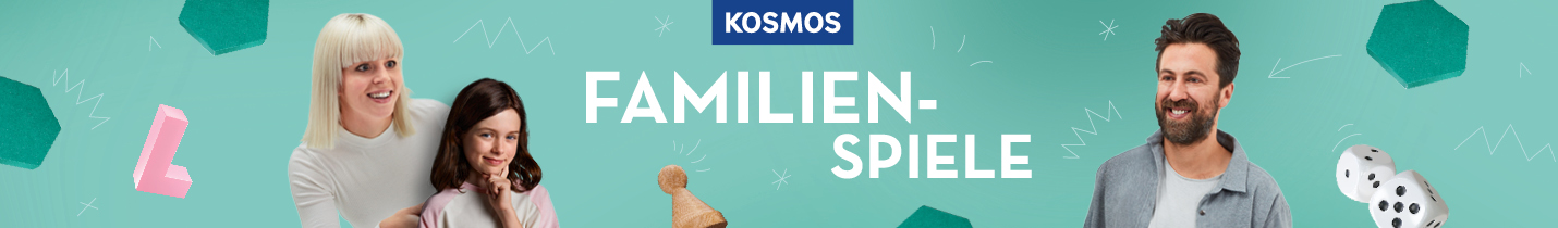 Eine Familie vor dem Slogan Familienspiele und KOSMOS Logo