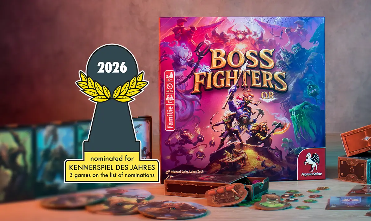 Nominated for the 2026 Kennerspiel des Jahres award; Boss Fighters QR game box and components on a table