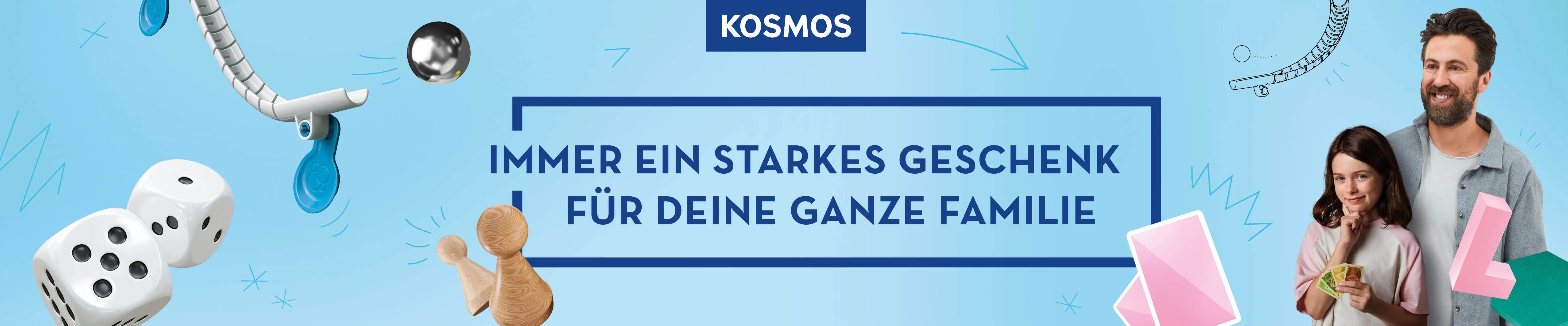 KOSMOS Logo auf einem blauen Hintergrund mit Spielsymbolen
