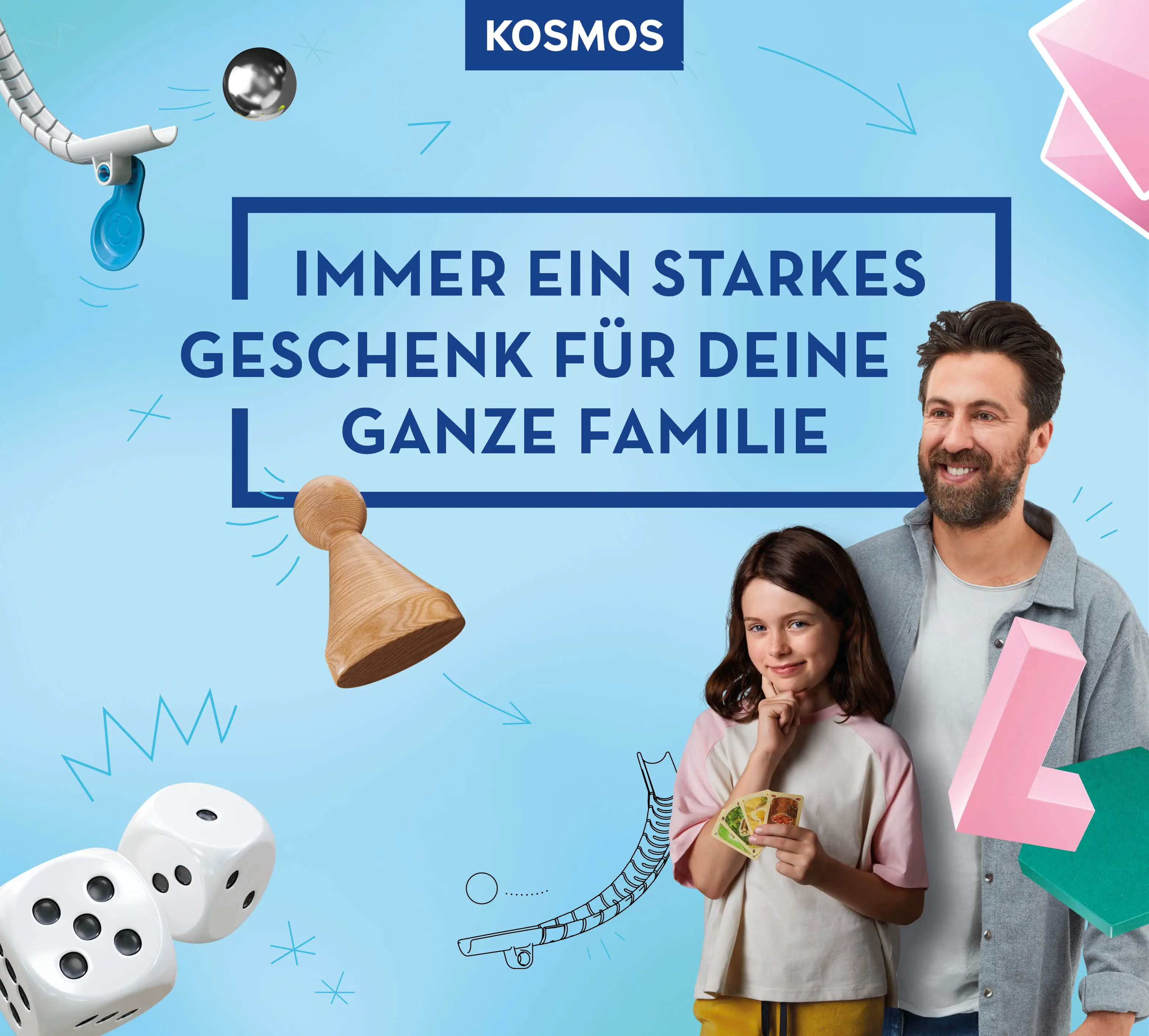KOSMOS Logo auf einem blauen Hintergrund mit Spielsymbolen