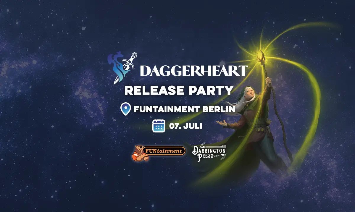 Daggerheart Release Party FUNtainment Berlin 7. Juli; Logo von Funtainment und Darrington Press; Blauer Hintergrund mit Sternbild und Illustration einer grünen Figur