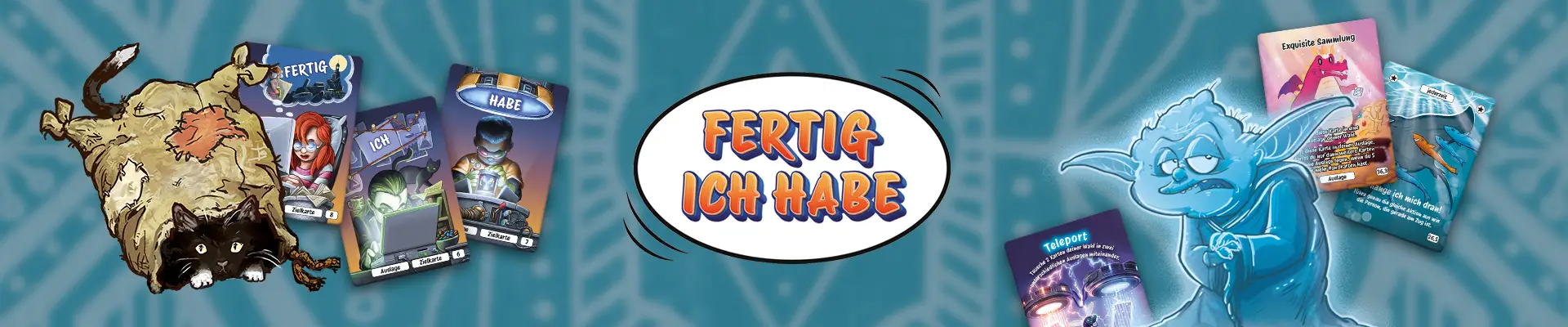 Illustrationen und Karten des Kartenspiels FERTIG ICH HABE
