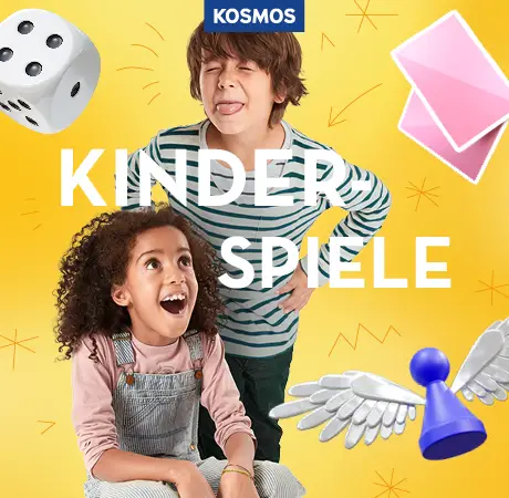 Zwei Kinder vor dem Slogan Kinderspiele und KOSMOS Logo