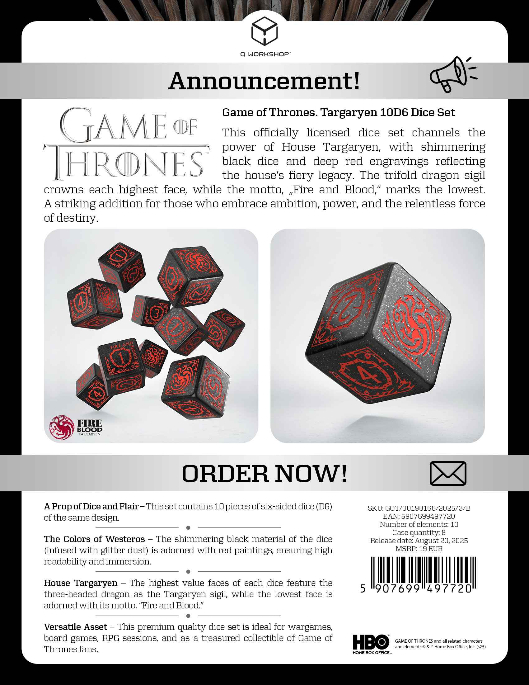 Game of Thrones. Targaryen 10xD6 Dice Set.