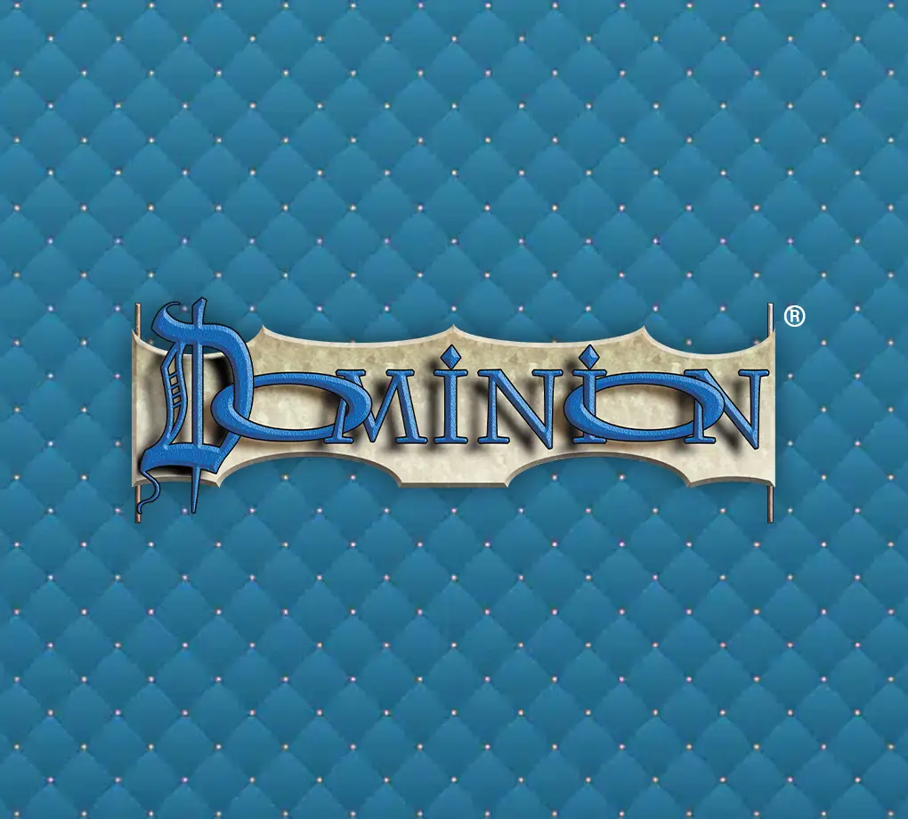 Dominion Logo auf blau-strukturiertem Hintergrund