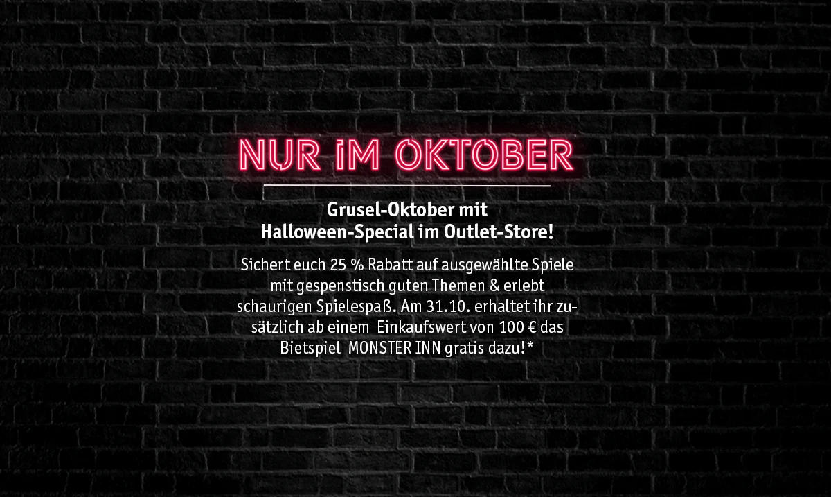 Halloween-Special im Pegasus Spiele Outlet Store: Im Oktober 20 % Rabatt auf ausgewählte Spiele und am 31. Oktober Monster Inn gratis ab 100 Euro Einkaufswert.