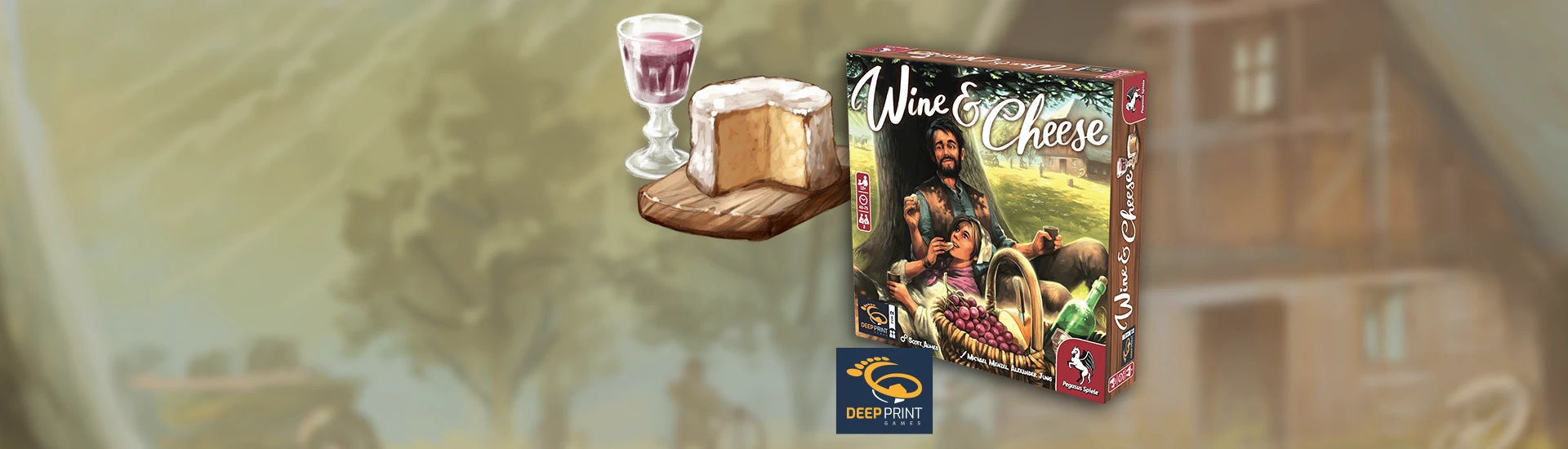 Produktgrafik des Kennerspiels Wine & Cheese mit Deep Print Games Logo und verschwommen im Hintergrund Illustratione eines Bauernhauses mit Bäumen und einem Wagen