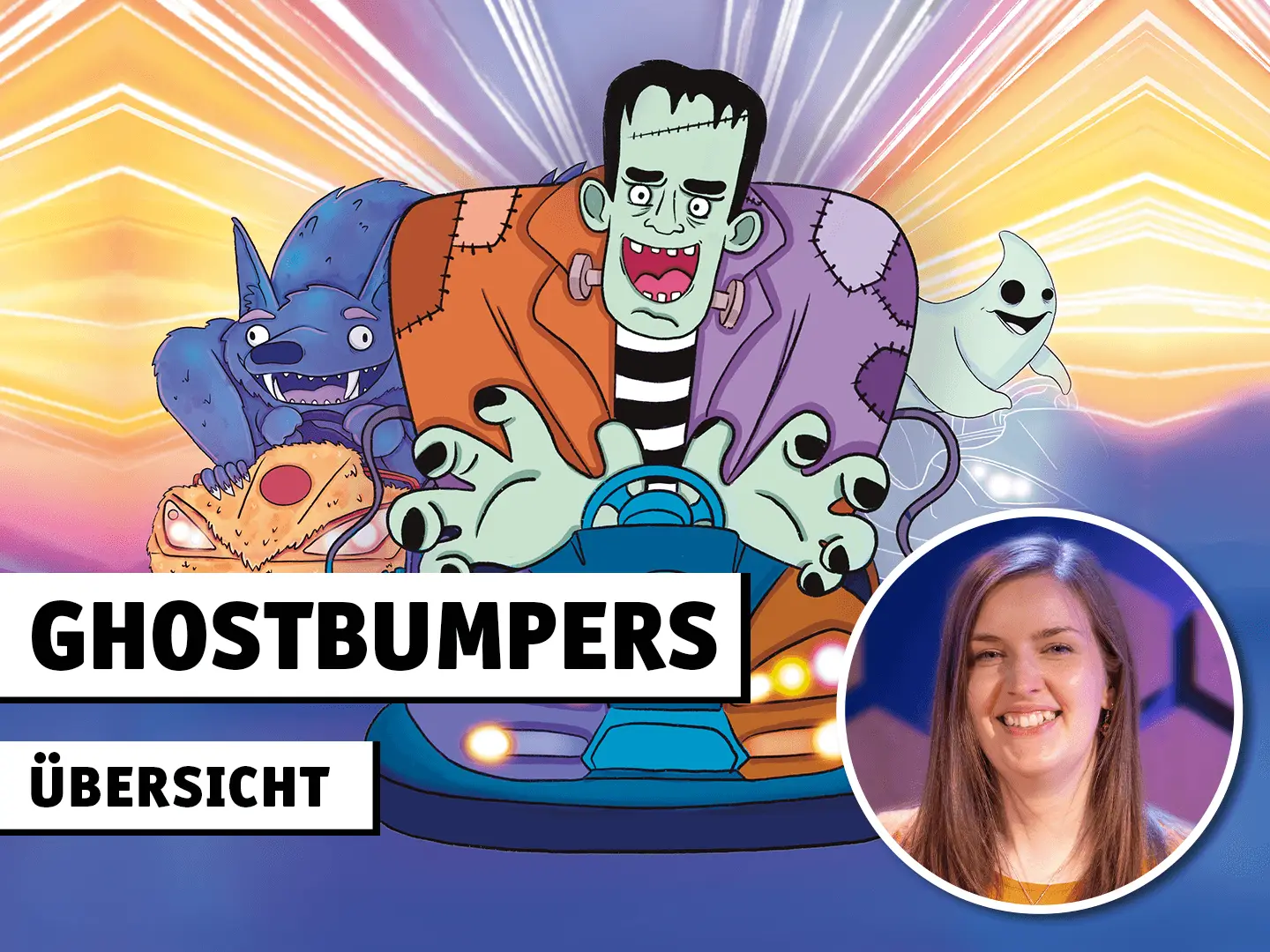 Ghostbumpers Übersicht; Illustration des Kartenspiels Ghostbumpers und Foto einer Frau