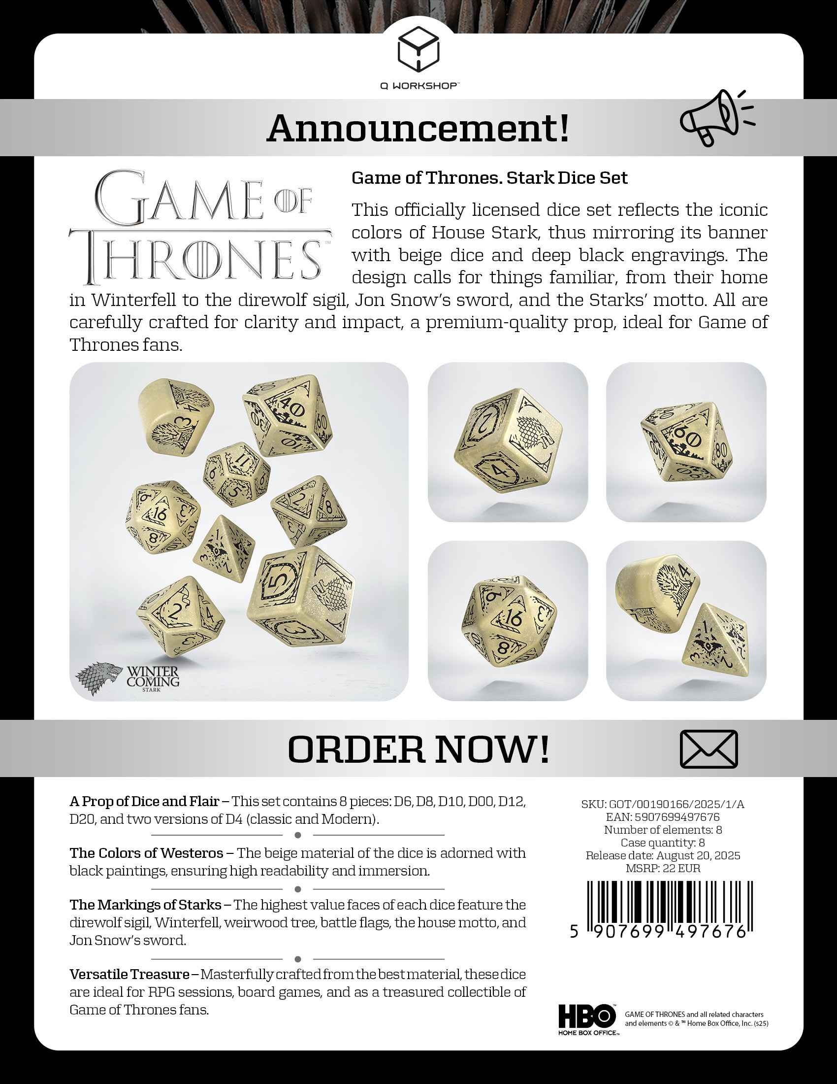 Game of Thrones. Stark Dice Set.