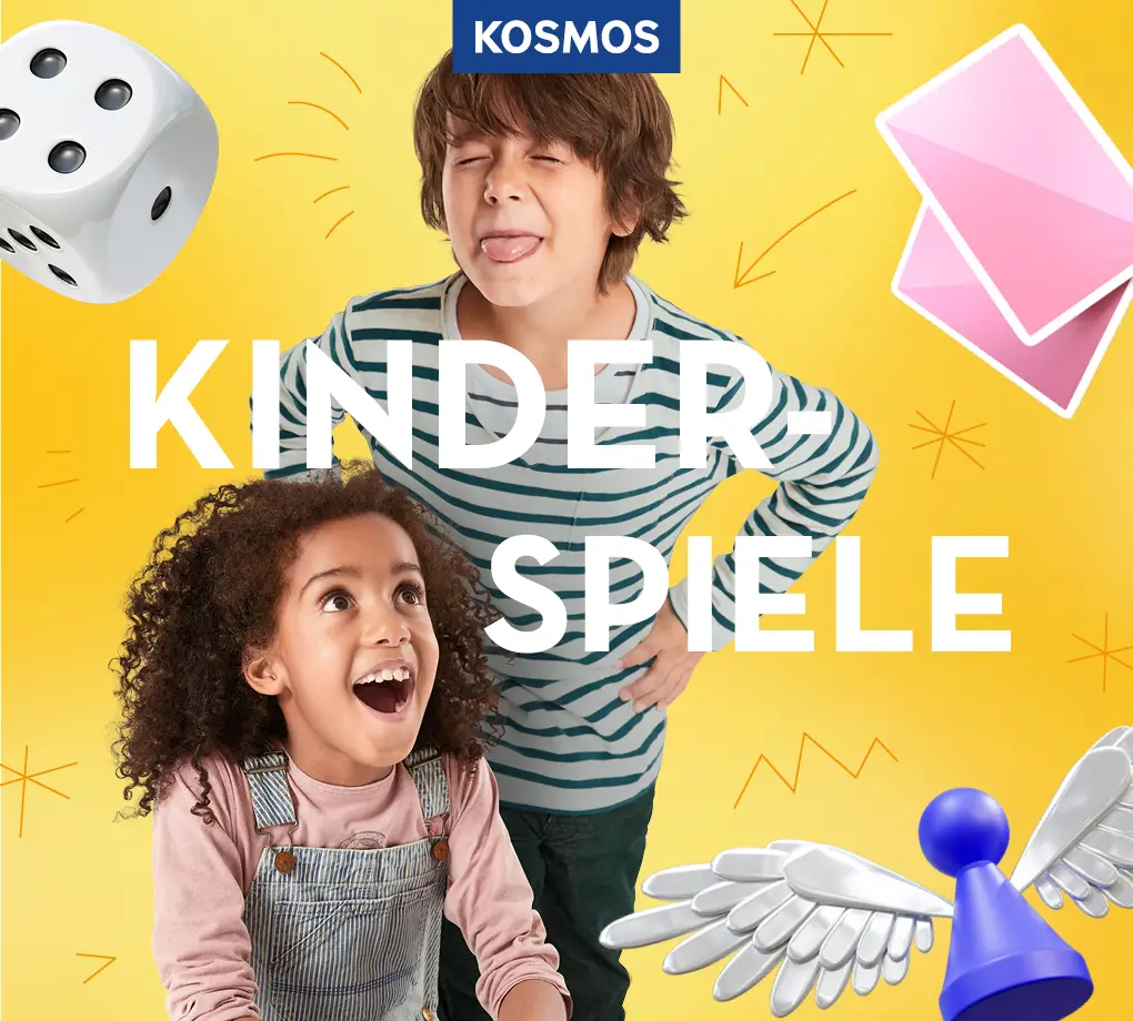 Zwei Kinder vor dem Slogan Kinderspiele und KOSMOS Logo