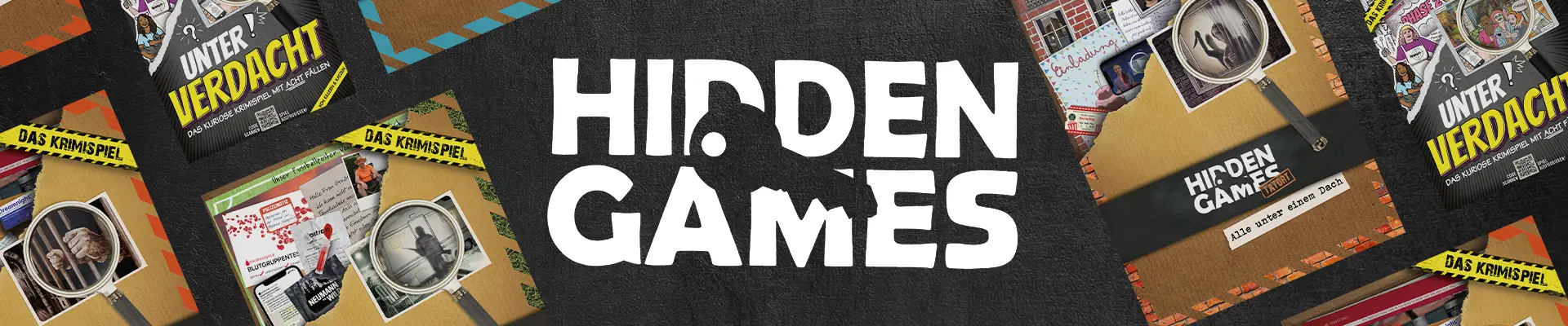 Hidden Games Logo auf einem Hintergrund mit Spielen des Verlags