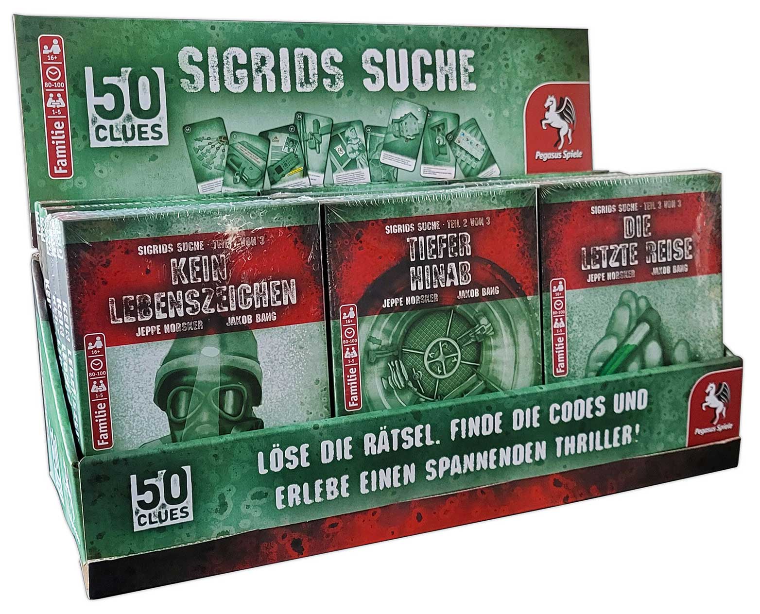 50 Clues Display – Sigrids Suche (je 6 der 3 Fälle)