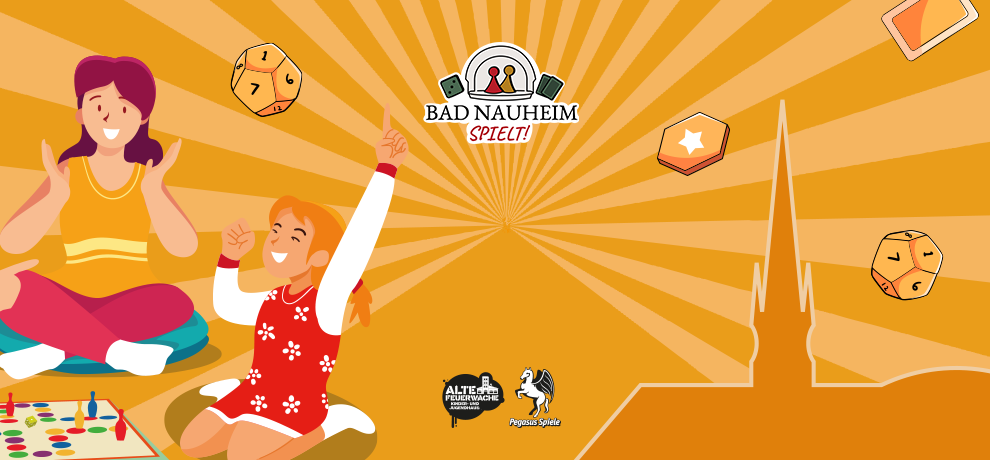 Bad Nauheim spielt!; gelber Hintergrund mit der Illustration eines Mannes, einer Frau und eines Mädchens beim Spielen