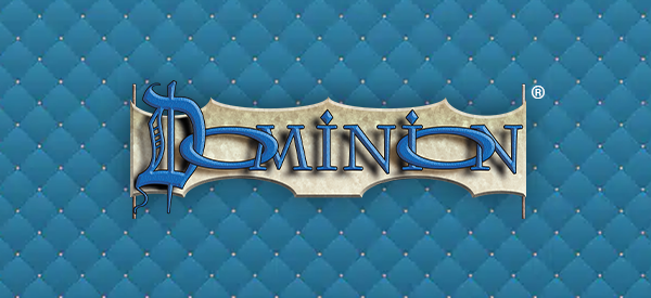 Dominion Logo auf blau-strukturiertem Hintergrund