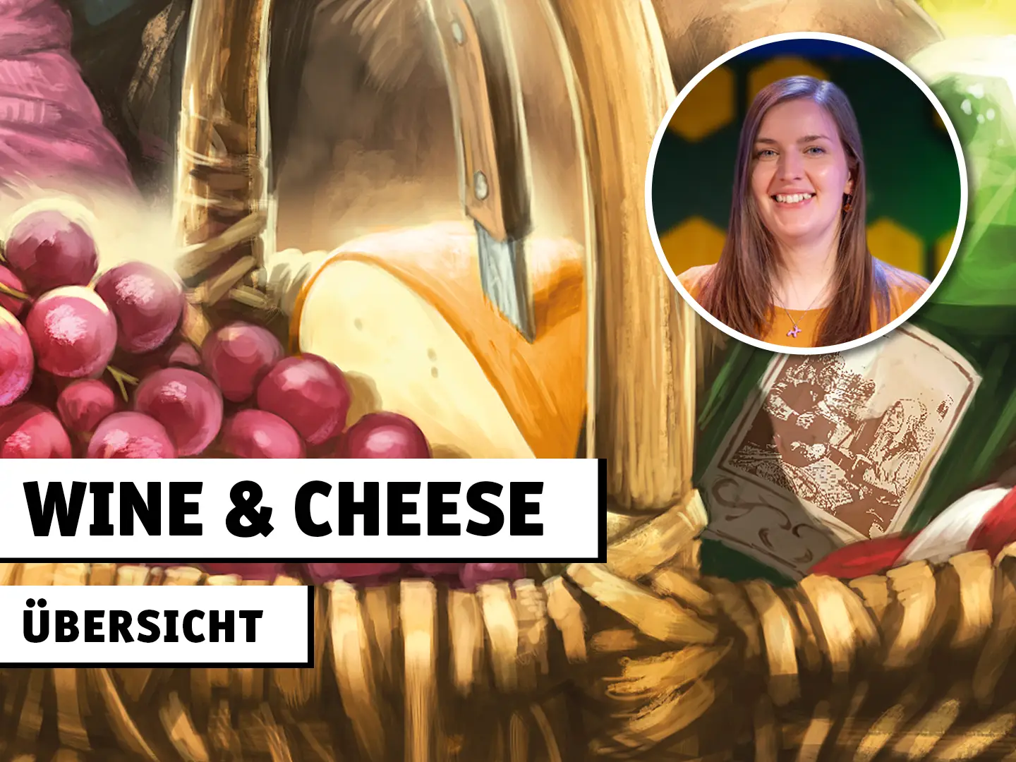 Wine & Cheese Übersicht; Illustration des Brettspiel Wine & Cheese und Foto einer Frau