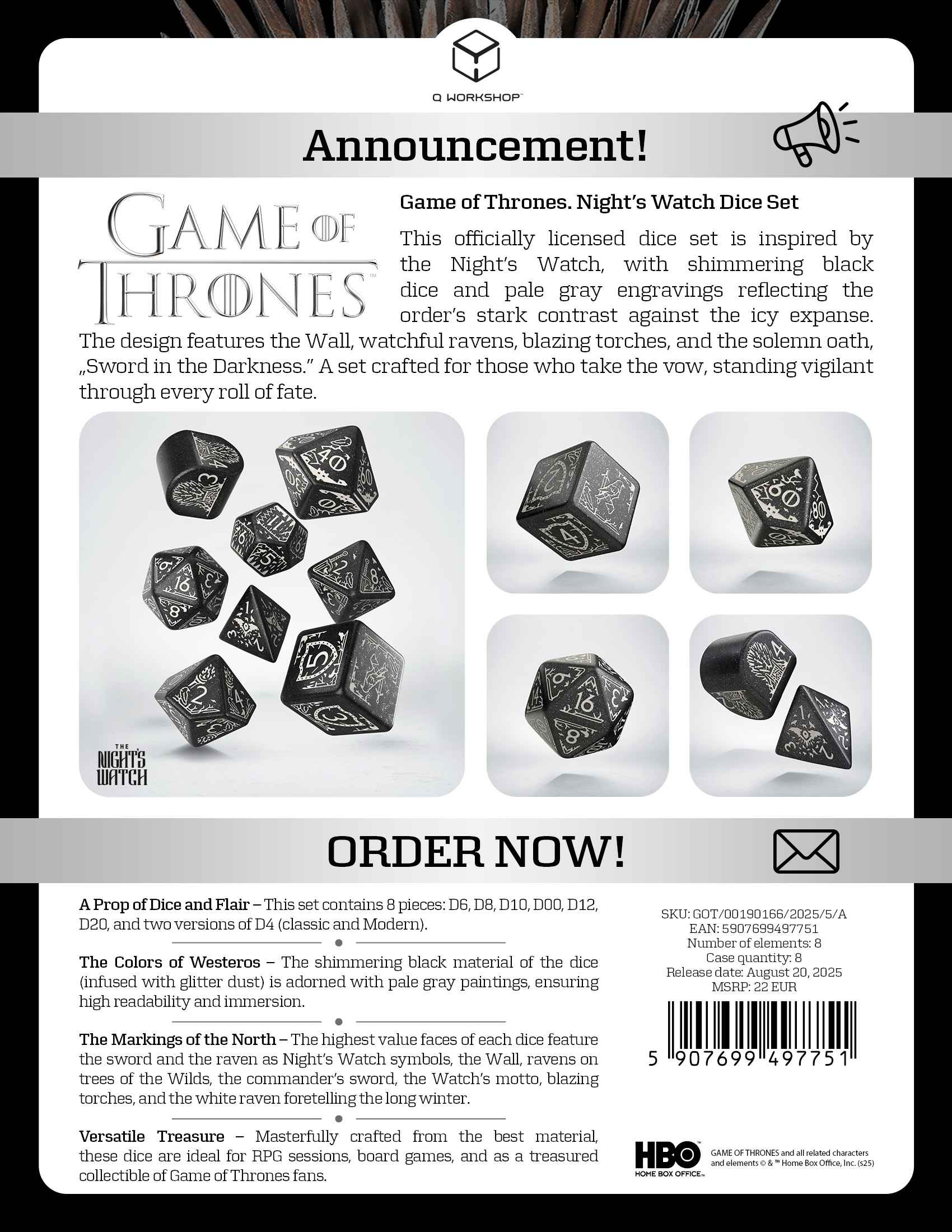 Game of Thrones. Night's Watch Dice Set.