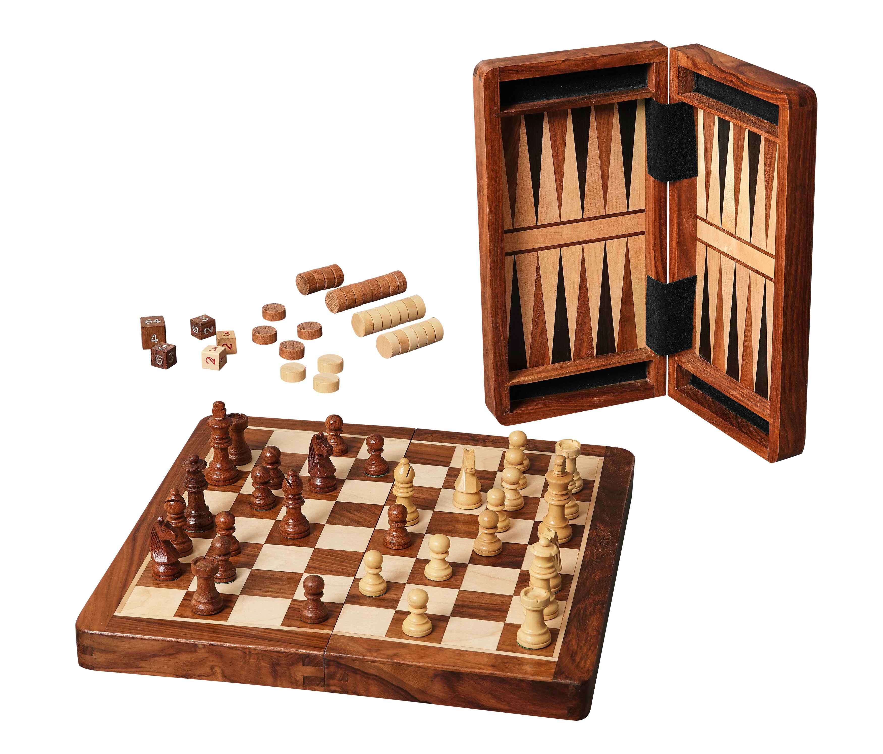 Schach-Dame-Backgammon 3in1, Holz