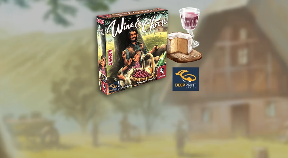 Produktgrafik des Kennerspiels Wine & Cheese mit Deep Print Games Logo und verschwommen im Hintergrund Illustratione eines Bauernhauses mit Bäumen und einem Wagen
