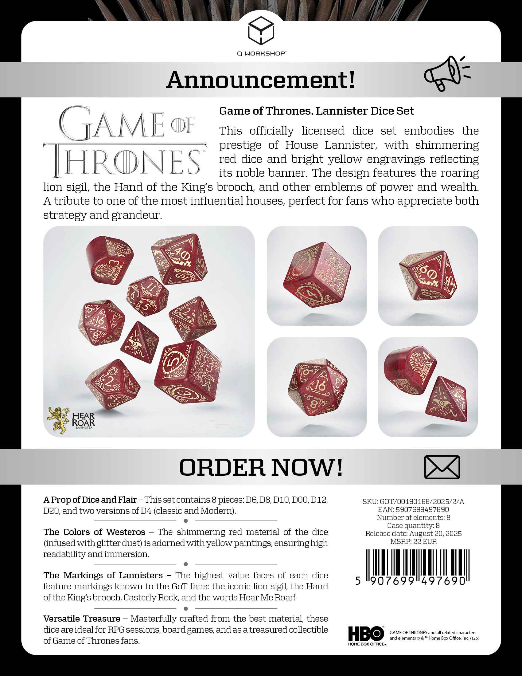 Game of Thrones. Lannister Dice Set.