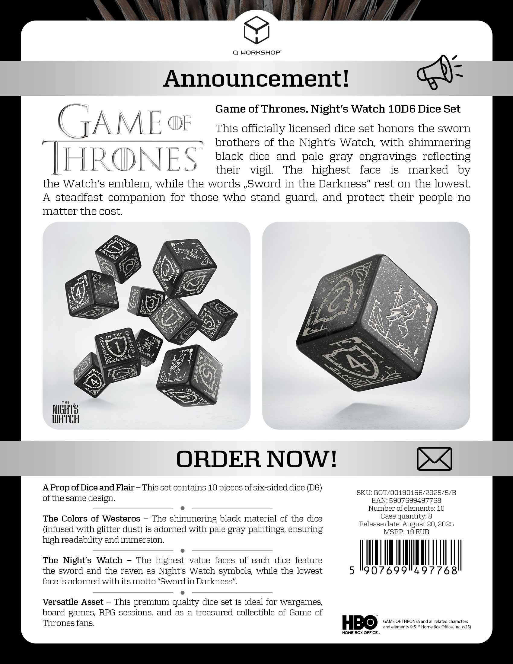 Game of Thrones. Night's Watch 10xD6 Dice Set.