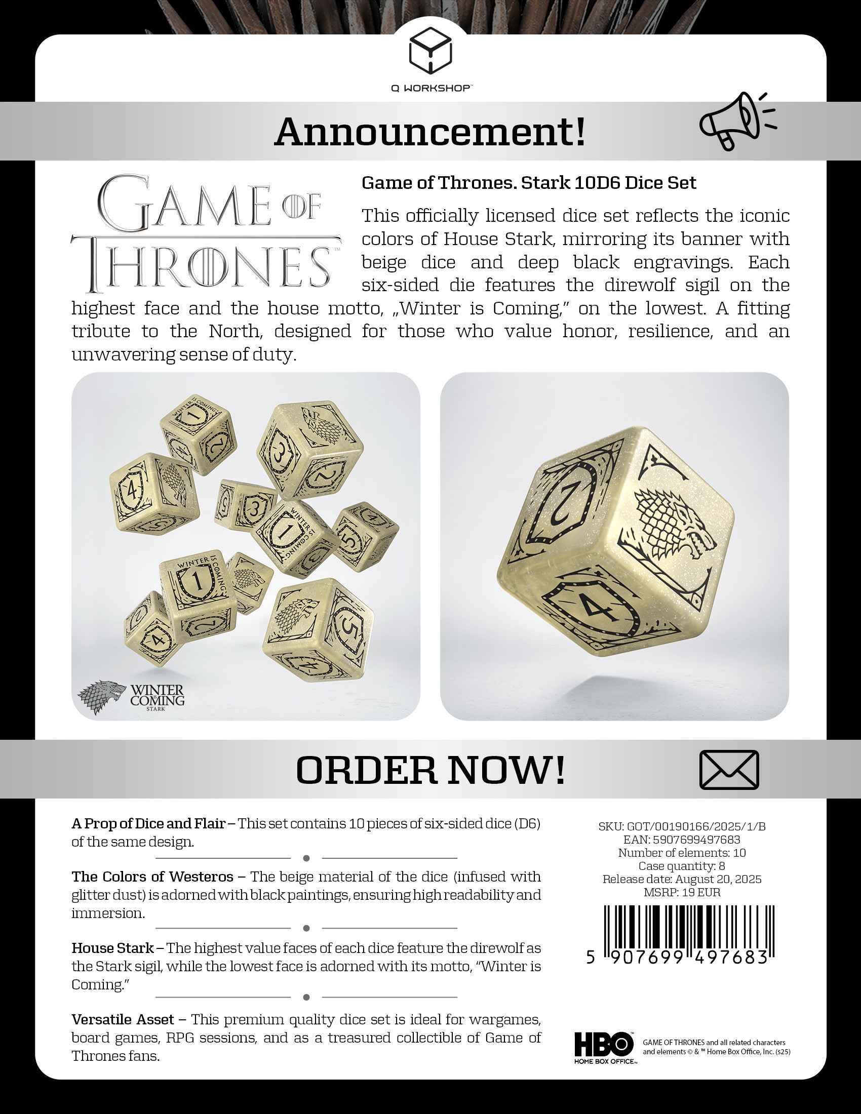 Game of Thrones. Stark 10xD6 Dice Set.