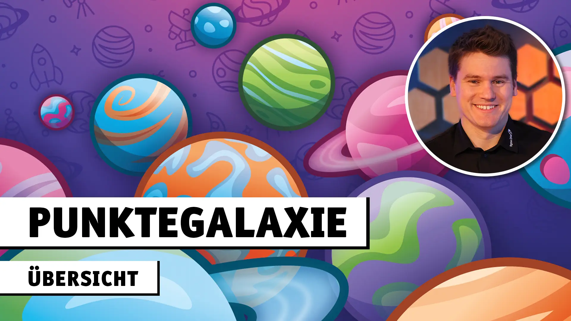 Punktegalaxie Übersicht; Illustrationen des Brettspiels Punktegalaxie und Foto eines Mannes