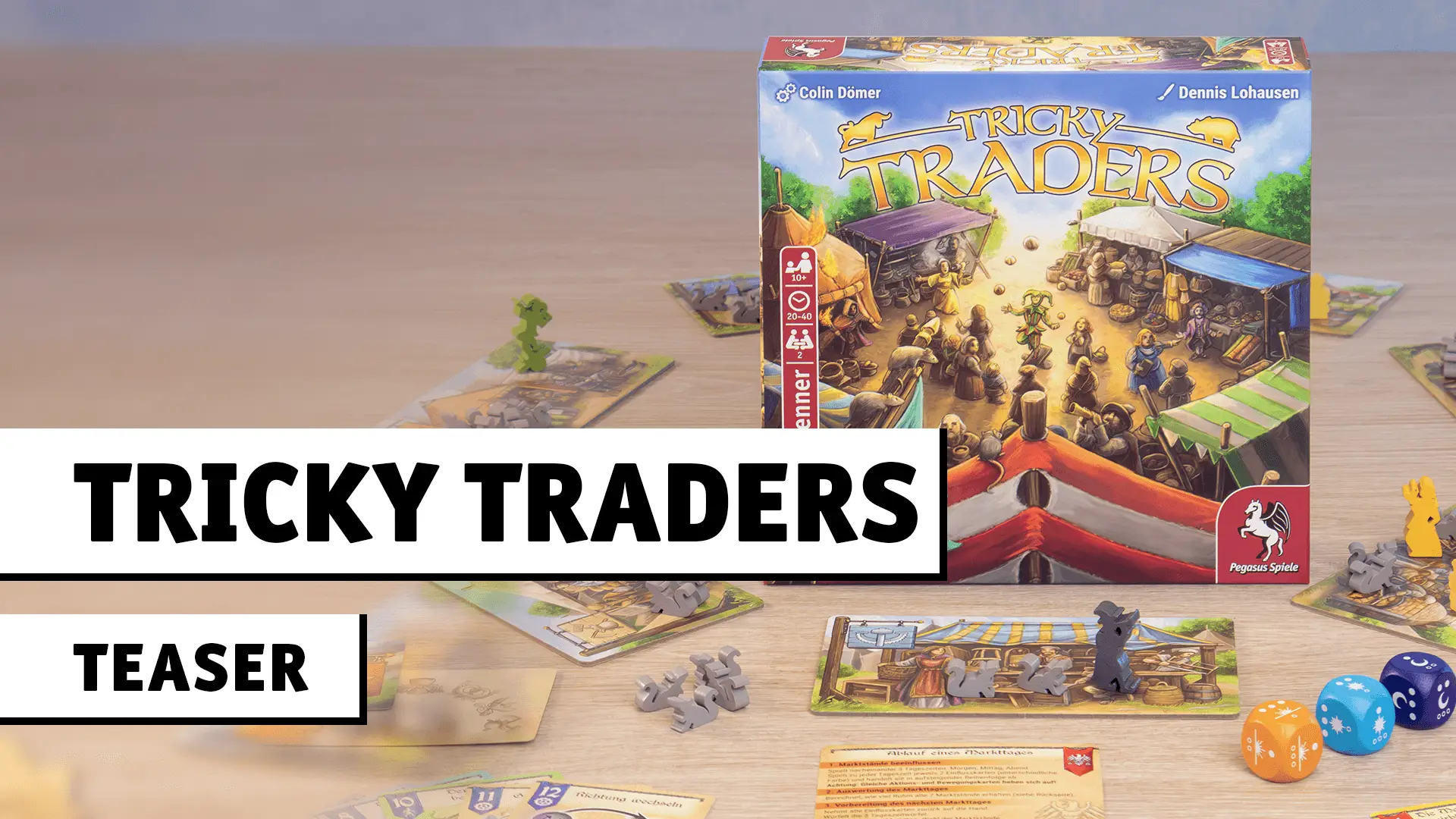 Tricky Traders Brettspiel mit Spieleschachtel, Markern und Spielfiguren auf einem Tisch aufgebaut.
