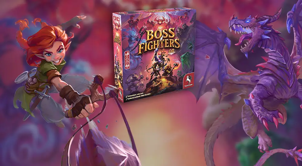Produktbild und Illustrationen des Brettspiels Boss Fighters QR