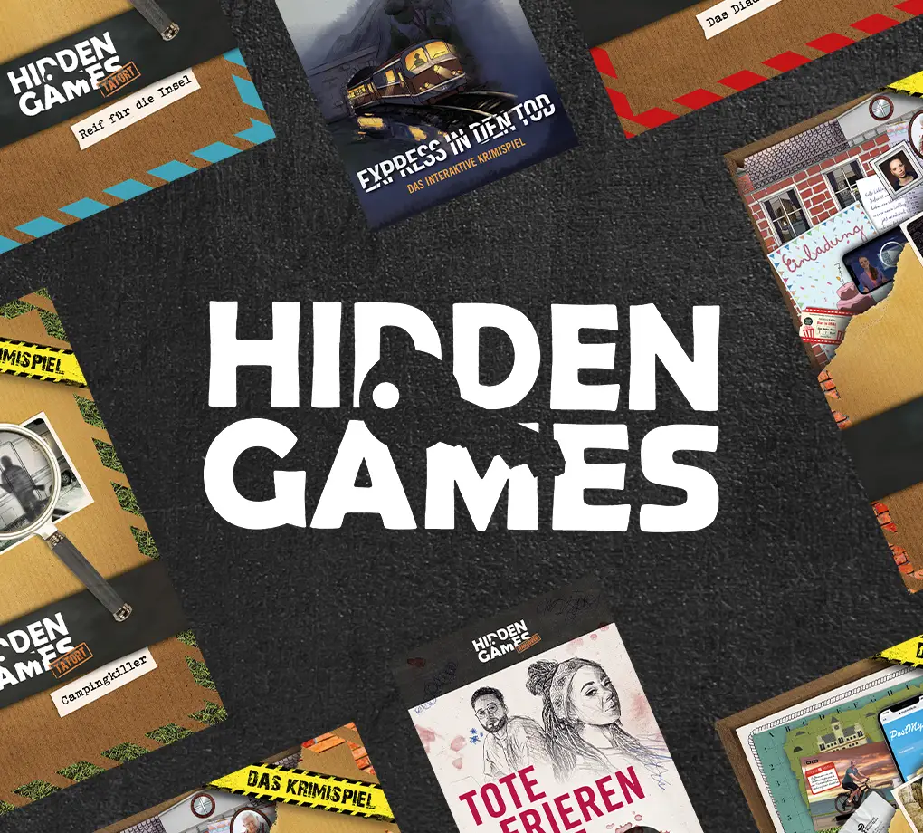 Hidden Games Logo auf einem Hintergrund mit Spielen des Verlags