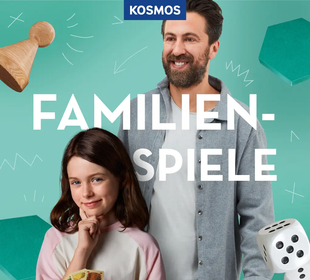 Vater und Tochter vor dem Slogan Familienspiele und KOSMOS Logo